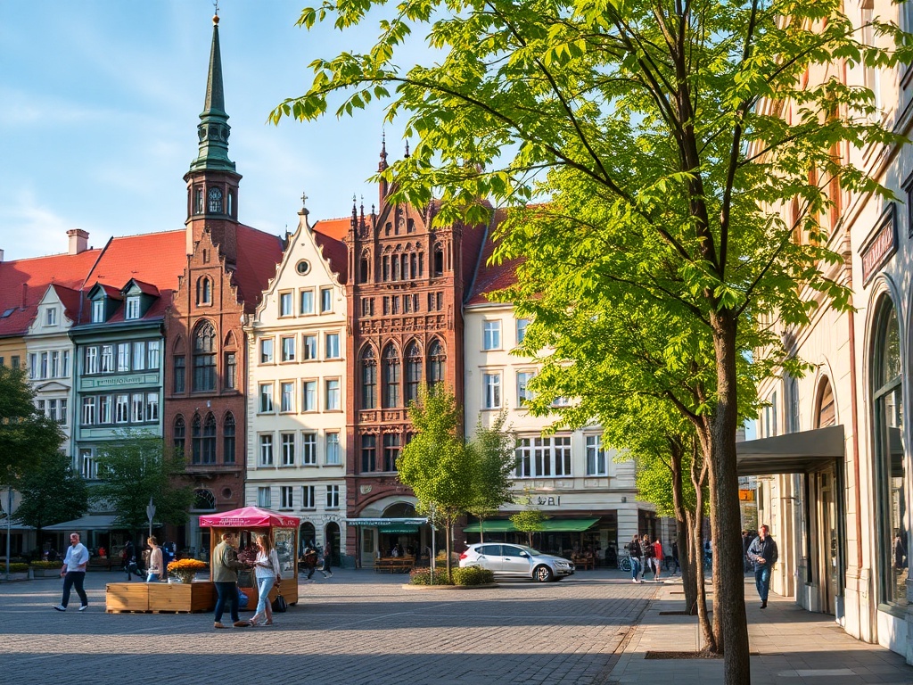 Fragment zabytkowej Starówki w Toruniu z widocznymi znakami informującymi o ruchu drogowym
